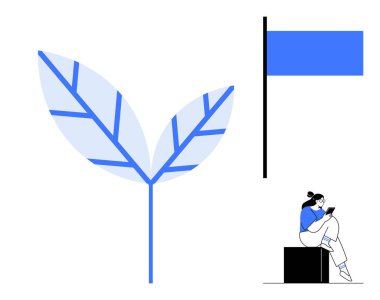 Siyah direkte mavi bayrağın yanında büyük mavi bir yaprak, siyah blokta oturmuş kitap okuyan bir kadın. Doğa, rahatlama, meditasyon, öğrenme, basitlik, çevre dostu ve modern tasarım temaları için idealdir. Çizgi