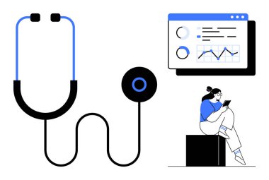 Stetoskop, dijital ekranda tıbbi çizelge, tabletteki verileri inceleyen sağlık uzmanı. TeleHealth, sağlık teknolojisi, tıbbi araştırma, hasta bakımı, dijital sağlık kayıtları için ideal