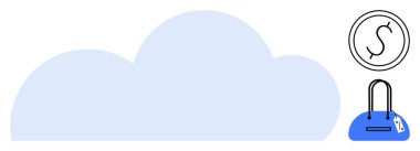 Bulut sembolü bulut deposunu temsil ediyor, üzerinde fiyat etiketi olan mavi alışveriş çantası, bitişik dolar işareti. Çevrimiçi alışveriş, e-ticaret, bulut depolama, dijital işlemler, İnternet güvenliği için ideal