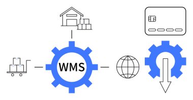 Merkezi WMS dişli bağlantıları envanter, depo simgeleri, kredi kartı, dünya ve aşağı ok teçhizatı. Lojistik, tedarik zinciri, e-ticaret, ödeme sistemleri envanter yönetimi için ideal küresel