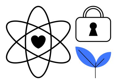 Merkezinde kalp olan atom sembolü, güvenlik kilidi ve yaprak filizi bilim, güvenlik ve sürdürülebilirliği temsil eder. Eğitim materyalleri, güvenlik protokolleri, çevre kampanyaları için ideal