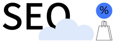 SEO text with a cloud, a blue percentage sign, and a shopping bag. Ideal for digital marketing, online shopping, e-commerce, search engine optimization, business strategy, web development clipart