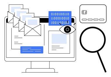 Bilgisayar ekranında gösterilen e-postalar ve dijital veriler, siber güvenlik soruşturması için büyüteç ile birlikte kredi kartı. Siber güvenlik, veri koruması, çevrimiçi mahremiyet ve dolandırıcılık için ideal