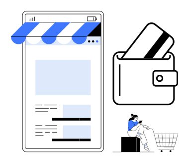 Cep telefonunda alışveriş sitesi, dijital cüzdanda kart, el arabası olan kişi. Çevrimiçi perakende satış, e-ticaret, mobil ödeme, dijital pazarlama, alışveriş uygulamaları, finans hizmetleri kullanıcısı için ideal