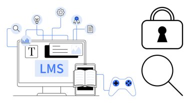Bilgisayar ekranında, simgelerle bağlantılı LMS ve eğitim araçları ampul ve teçhizatı paraflar. Oyun kumandası, kilit ve büyüteç. E- öğrenme ve çevrimiçi kurslar için ideal