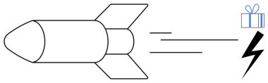 Roket hareket çizgileriyle hızlı uçuyor, yanında mavi bir hediye kutusu ve siyah bir yıldırım var. Teslimat hizmetleri, hız, yenilik, teknoloji, hızlı nakliye, enerji ve sürpriz için ideal. Çizgi