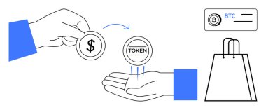 Yanında Bitcoin kartı ve alışveriş çantası olan iki el jetonla para değiş tokuşu yapıyor. Kripto para birimi, e-ticaret, yatırımlar, fintech, dijital işlemler, jeton engelleme zinciri için idealdir. Çizgi
