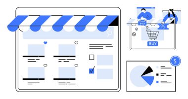 Ürün listeleriyle çevrimiçi mağaza arayüzü, müşteri alışverişi ve grafik gösteren analitik paneli. E-ticaret, perakende, çevrimiçi alışveriş, dijital pazarlama, müşteri alımı, veri