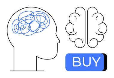 Beyninde karmaşık çizgiler, temiz bir beyin tasviri ve büyük bir satın alma düğmesi olan insan kafası. Psikoloji, karar verme süreci, zihinsel süreçler, çevrimiçi alışveriş, reklamcılık, tüketici davranışı için ideal