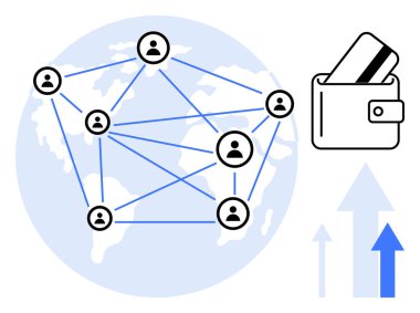 Bağlı kullanıcı simgelerine sahip dünya haritası, dijital cüzdan kartları, yukarı doğru mavi gölgeli oklar. Finans, teknoloji, küresel işletme, ağ oluşturma, dijital ödemeler, e-ticaret ekonomisi için ideal