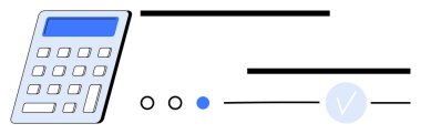 Hesap makinesi, mavi işaretli onay kutusu, ve üç adımlı ilerleme göstergesi, finansal hesaplama ve görev tamamlama vurgulanıyor. Finans, muhasebe, proje yönetimi ve görev için ideal