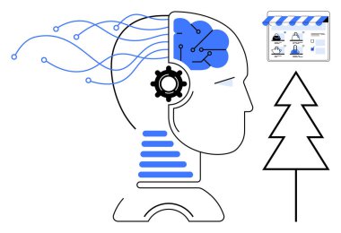 Human head with AI brain showing digital impulses, gear icon, and lines of data. Features online shopping icon and tree symbol. Ideal for technology, AI, e-commerce, and environmental themes. Line clipart