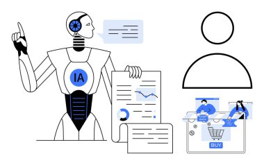 İç İşleri 'nde çalışan robot çizelgeler, belgeler, insan figürü, avatarlı online alışveriş arabası. Teknoloji, yapay zeka, veri analizi, e-ticaret, otomasyon, sunumlar için ideal dijital pazarlama