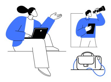 Bir diğeri ofis çantasının yanında dürbün kullanarak olasılıkları incelerken, bir diğeri dizüstü bilgisayarlı profesyonel. Uzak çalışma, liderlik, araştırma, iletişim, kurumsal eğitim için ideal