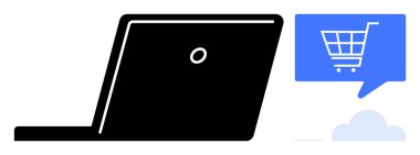 İçinde alışveriş arabası ikonu olan mavi konuşma balonlu dizüstü bilgisayar. E-ticaret için ideal, çevrimiçi alışveriş platformları, dijital pazarlama, teknoloji, perakende satış, iş sunumları, web sitesi tasarımı. Çizgi