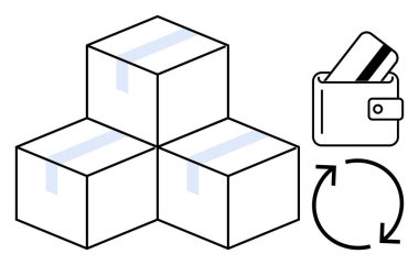 Üç istiflenmiş kutu, kartlı cüzdan ve geri dönüşüm okları. E-ticaret, lojistik, ödeme sistemleri, sürdürülebilirlik, perakende satış ve geri dönüşüm temaları için ideal. Satır metaforu