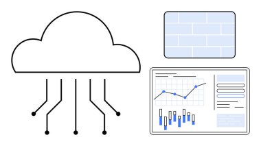 Bağlı çizgilere sahip bulut hesaplama simgesi, çizelgeleri gösteren veri analiz paneli ve güvenlik duvarı temsilcisi. IT, bulut depolama, veri analizi, siber güvenlik, teknoloji ve iş için ideal