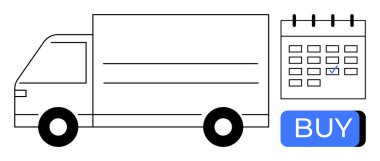 Üzerinde tarih ve satın alma düğmesi olan bir takvimin yanında teslimat kamyonu var. E-ticaret, online alışveriş, dağıtım hizmetleri, lojistik, zaman yönetimi, rezervasyon sistemleri, planlama için ideal. Satır metaforu