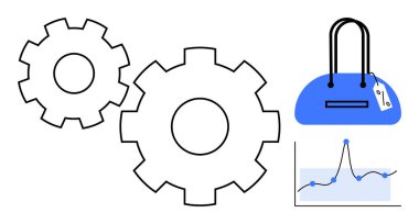 Vitesler süreç verimliliğini sembolize ederken mavi bir el çantası ve veri tablosu iş sezgilerini gösteriyor. İş akışı, verimlilik, veri analizi, perakende, e-ticaret, üretkenlik ve pazar için ideal