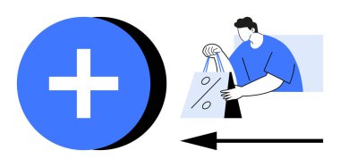 Büyük mavi artı işareti ve siyah yönlü okun yanında indirimli alışveriş torbaları taşıyan adam. Perakende, e-ticaret, pazarlama, satış, promosyon, çevrimiçi alışveriş ve müşteri edinme için ideal