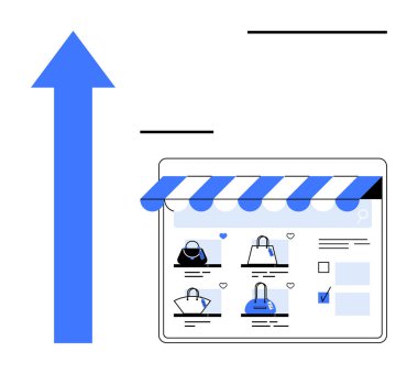 E-ticaret sitesi mağaza vitrinlerinde büyümeyi sembolize eden öne çıkan mavi oklu el çantaları sergiliyor. Çevrimiçi alışveriş, dijital pazarlama, iş büyümesi, perakende satış, girişimcilik için ideal