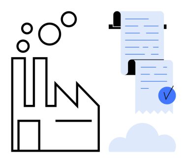 Duman yığınları olan bir fabrika rulo kağıtta kontrol listesinin yanında. Kalite kontrol, endüstriyel uyum, işyeri güvenliği, üretim standartları ve çevresel etki gibi konular için ideal