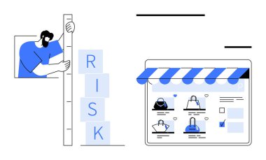 Ürünleri gösteren online mağaza arayüzü ile risk bloklarını ölçen kişi. İş analizi, ecommerce, risk yönetimi, istatistik, strateji planlaması, dijital pazarlama için ideal