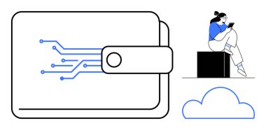 Elektronik devre tasarımı olan dijital cüzdan tablet kullanan bir kadın ve bulut sembolü. Dijital işlemler için ideal, çevrimiçi bankacılık, fintech, kişisel finans, bulut depolama