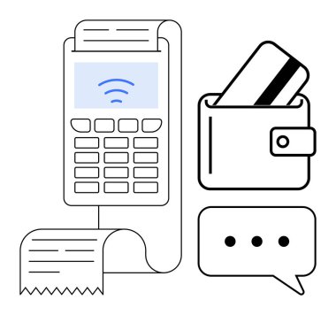 Dijital işlemleri temsil eden fatura, cüzdan ve kart ile temassız ödeme terminali. E-ticaret, perakende, finans, teknoloji, bankacılık, tüketici uygulamaları ve iş sunumları için ideal