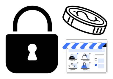 Black padlock, coin with dollar symbol, and blue-striped e-commerce storefront screen with products. Ideal for online security, e-commerce, digital transactions, cybersecurity, online shopping clipart