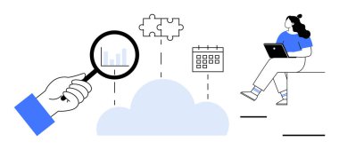 Bulut simgesi, yapboz parçaları ve takvim üzerinde analizleri vurgulayan büyüteç, dizüstü bilgisayarı olan bir kadın olarak. İş stratejisi, bulut hesaplama, veri analizi, proje yönetimi için ideal