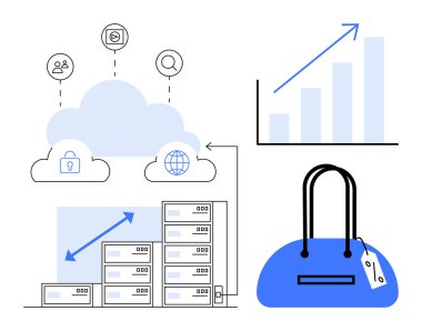 Bulut depolama sunucuları, veri analizi şeması, güvenlik, kullanıcı ve arama ikonları, mavi alışveriş çantası. Teknoloji, bulut hesaplama, veri yönetimi çevrimiçi güvenlik e-ticareti için ideal