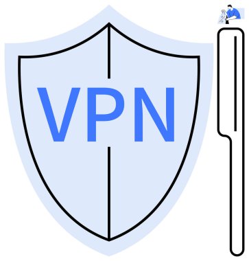 Yanında bir büyüteç ve küçük bir dizüstü bilgisayar ikonu olan VPN kalkan simgesi. Siber güvenlik, internet güvenliği, teknik dersler, veri koruması, çevrimiçi gizlilik eğitimi için ideal. Çizgi