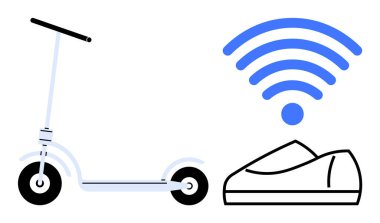 Electric scooter alongside a shoe emitting a wireless signal. Ideal for urban mobility, smart city tech, IoT applications, eco-friendly transportation, wearable tech, and smart commuting line clipart