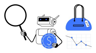 Robot elinde büyüteç, dolar işareti bozuk para üzerinde fiyat etiketi olan çanta ve azalan grafik. Piyasa analizi, yapay zeka teknolojisi, finans, perakende, moda endüstrisi trend analizi işi için ideal