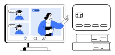 Mezunların, kredi kartlarının ve istiflenmiş kitapların olduğu bir ekranı gösteren canlı bir video sitesinde eğitmen. Çevrimiçi öğrenme, sanal sınıflar, e-ticaret, dijital eğitim, finans, webinarlar için ideal