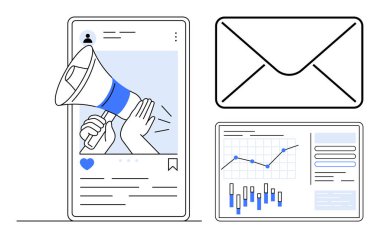 Sosyal medya paylaşımlı dijital pazarlama kavramı megafon, e-posta ikonu ve analitik gösterge paneli içeriyor. Pazarlama, iletişim, iş stratejisi, sosyal medya yönetimi ve e-posta için ideal