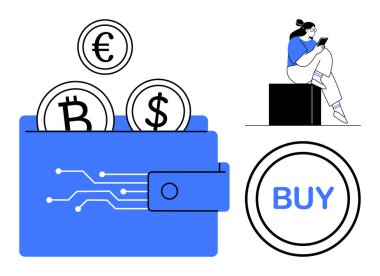 İçinde Bitcoin, Euro ve Dolar bozuklukları bulunan dijital cüzdan tablet kullanan kişi ve büyük bir satın alma tuşu. Finans uygulamaları, kripto para birimi, çevrimiçi işlemler, dijital cüzdanların ticareti için ideal