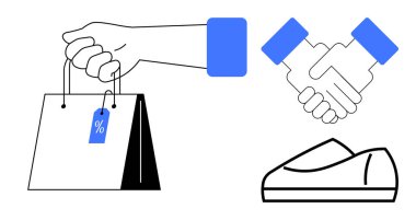 Yüzdelik etiketli el çantası, anlaşmalar için el sıkışma ve alışveriş temaları için ayakkabı taslağı. Perakende, e-ticaret, tüketici malları, iş anlaşmaları, satış promosyonları, ayakkabı
