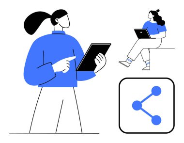 İletişim kurmak ve çalışmak için tabletleri kullanan, ikonları paylaşan karakterler. Teknoloji, iletişim, takım çalışması, dijital işbirliği, uzaktan çalışma, bilgi paylaşımı, sosyal medya için ideal. Çizgi