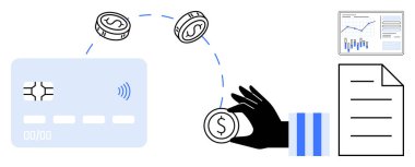 Kredi kartı, mali grafik ve ödeme işlemini, mali analizi, muhasebe ve dijital işlemleri temsil eden bir belge ile el ele tutuşan paralar. Finans ve bankacılık için ideal