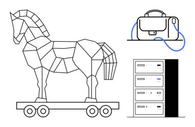 Geometrik Truva atı, USB kapsüllü bir çanta ve sunucu rafı. Siber güvenlik, veri koruması, bilgisayar virüsleri savunma, teknoloji güvenliği, hackleme, bilişim hizmetleri ve ağ için ideal