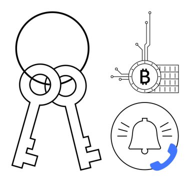 Two intersecting keys, a Bitcoin symbol with tech circuits, and a notification bell with a phone icon. Ideal for cryptocurrency, digital security, blockchain technology, notifications, financial clipart