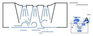 Soyut endüstriyel tasarımı olan şelaleler nehre akıyor. Alışveriş arabası ve satın alma düğmesi olan müşteriler. Endüstri, doğa, teknoloji, e-ticaret, çevre, dijital için ideal