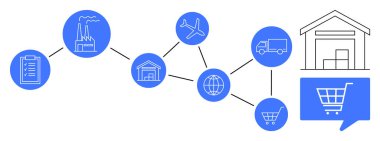 Pano, fabrika, depo, uçak, kamyon, internet küresi ve alışveriş arabasını temsil eden simgelerle bağlantılı halkalar zinciri. Lojistik, e-ticaret ve ulaşım için ideal
