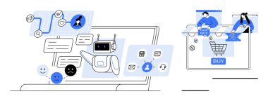 Robot sohbet robotu, dizüstü bilgisayardaki mesajlar ve ifadelerle müşterilerle iletişim kuruyor. Buy düğmeli alışveriş arabası. Müşteri desteği, yapay zeka, online alışveriş, e-ticaret, teknoloji, otomasyon için ideal