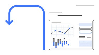 Analitik gösterge paneli, grafikler, grafikler ve performans eğilimlerini gösteren aşağı doğru bir ok. İş raporları, veri analizi, performans takibi, strateji planlaması, mali değerlendirmeler için ideal