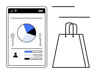 Mobile device interface showing food-related pie chart and user statistics beside a minimalist shopping bag. Ideal for e-commerce, mobile apps, online shopping, digital marketing, UX design, app clipart