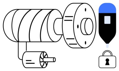 Electric motor, surveillance camera, key fob, and lock illustrate a theme of technology and security. Ideal for smart home systems, security, electronics, engineering, technology safety clipart