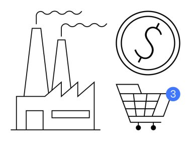 Industrial factory with smokestacks, shopping cart with alert notification, and dollar coin. Ideal for e-commerce, industry, manufacturing, economy, retail financial services trade. Line metaphor clipart